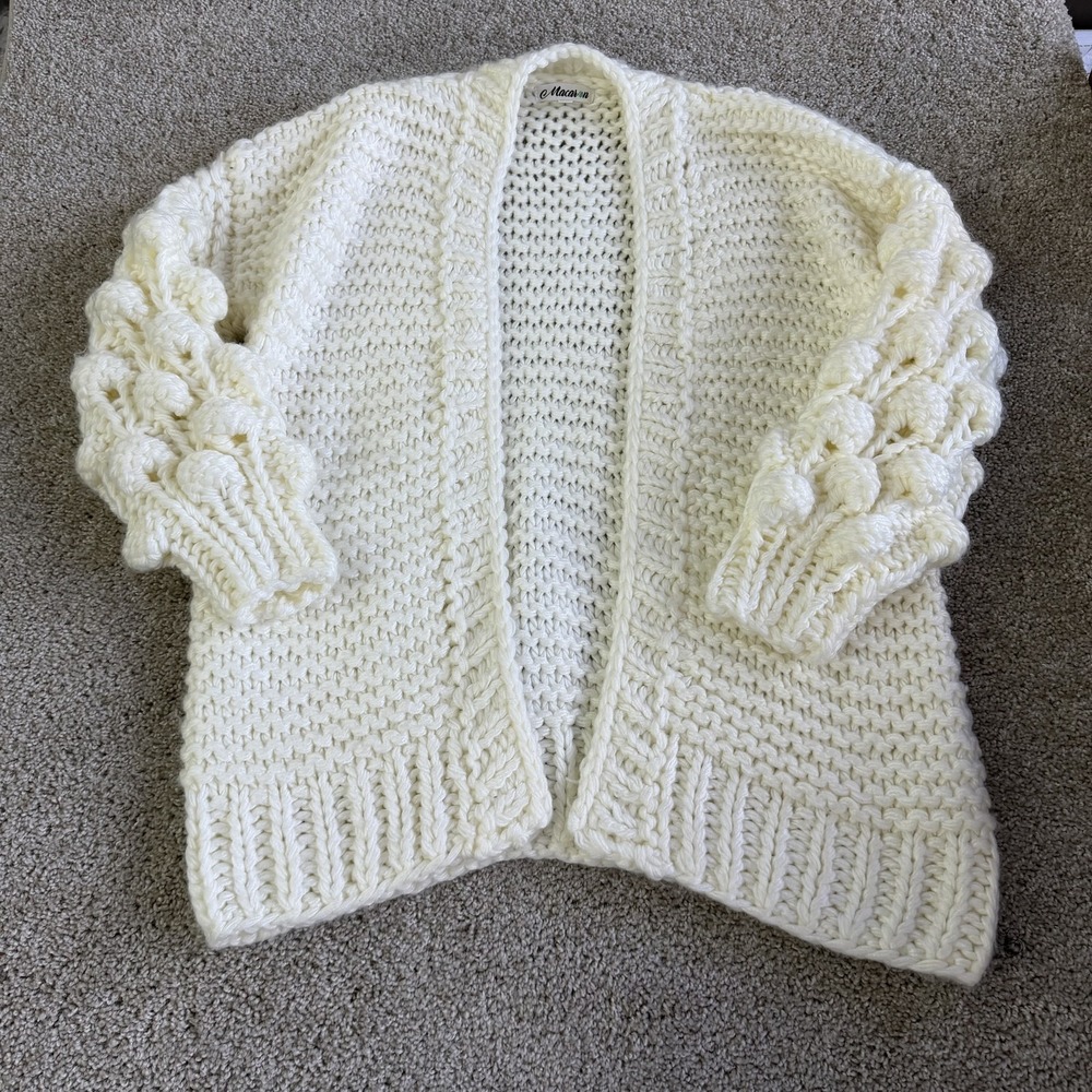 Macaron Cardigan Sweater Womens M White Chunky Knit Balloon Sleeve Open Front